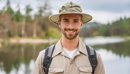 Obraz premium Happy hiker enjoying nature near serene lake