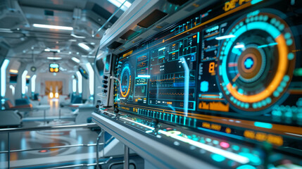 Cutting-edge medical tech with patient data on digital screens in a sleek, bright environment.