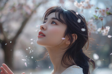 桜と若いアジア人女性の横顔のポートレート
