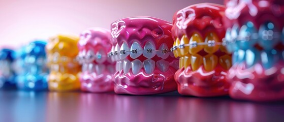 An assortment of colorful dental braces displayed against a clean, minimalist background, symbolizing the variety of options available for orthodontic treatment.
