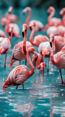 Obraz premium A group of pink flamingos stand in blue water