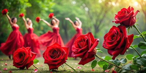 Passionately dancing red roses in a natural setting , flamenco, floral, nature, beauty, vibrant, passionate, red, roses, petals
