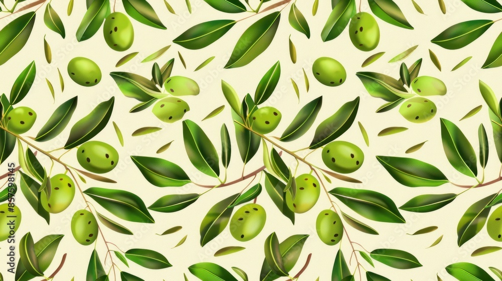 Wall mural Seamless Pattern of Olive Branches and Fruits - Wall murals