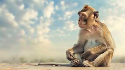 Naklejka premium Monkey sitting on cement floor with sky background natural setting and empty space