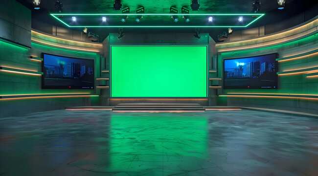 Modern studio set with a large green screen, perfect for chroma keying and broadcasting.