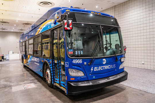 New York City, USA - March 27, 2024: MTA New Flyer Xcelsior XD60 electric bus at New York International Auto Show, corner view