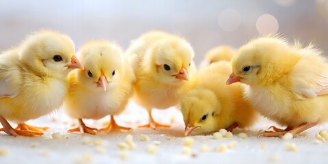 Naklejka premium Five Cute And Fluffy Yellow Baby Chicks Eating Feed On A White Surface With A Blurred Background.