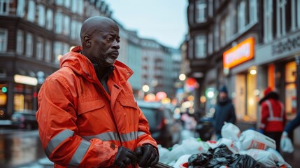 A man in an orange jacket is standing in front of a trash can