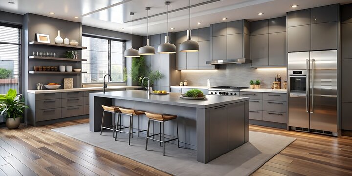 Modern Kitchen Interior With Island, Dark Cabinets, And Stainless Steel Appliances.