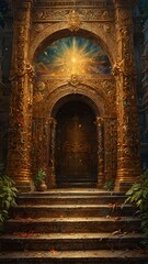 Fototapeta premium A celestial staircase ascending to the heavens, with golden gate and columns with shimmering light