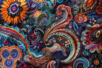 A colorful piece of fabric with flowers and leaves