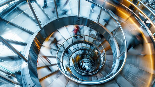Blurred people walk up a modern spiral staircase