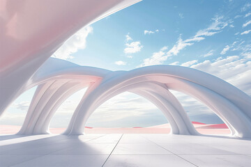 Fototapeta premium Serene Futuristic Arches on a Floating Platform Against a Pastel Sky, Merging Modern Architecture with Dreamlike Vistas