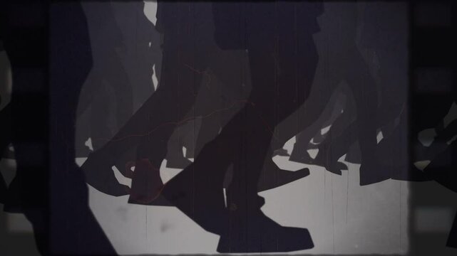 Crowd of people marching together. Crowd marching. Protestors marching. Many people marching together.
Group of people walking together. Civil rights.
3d animation with vintage filmic look.