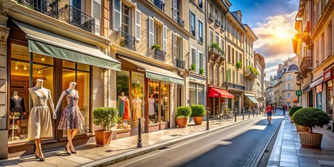 Fototapeta premium Charming European City Street With Elegant Shops And Cafes