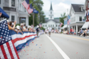 Obraz premium A classic American town comes alive with cheerful and vibrant decorations for the Fourth of July parade, as people line the streets waving flags and banners.