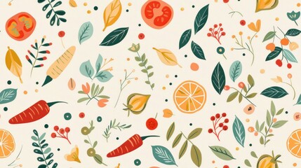 Vibrant Seamless Pattern of Fruits and Flowers