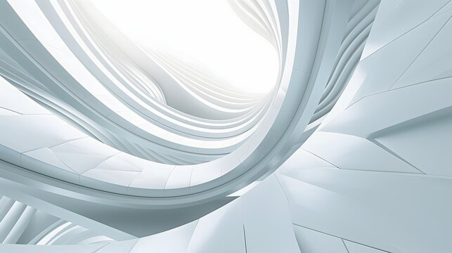 5. Develop a visually striking abstract architecture composition emphasizing structural dynamics and spatial relationships, perfect for generating an elegant white background image.