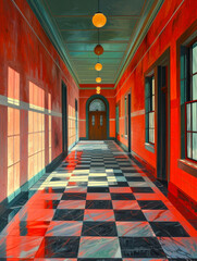 Classic Red and White Checkered Hallway Flooring in Well Lit School Building Corridor