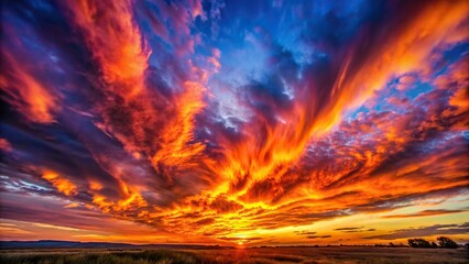 Dramatic sunset with colorful fire in the sky , fiery, clouds, sunset, horizon, vibrant, orange, red, gold, dusk, nature