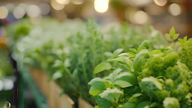 Muted display of freshly picked herbs and es at an indoor farmers market.