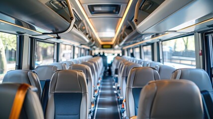 Fototapeta premium Empty seats in a clean and spacious bus interior , Bright and inviting bus interior with empty seats, Welcoming travelers