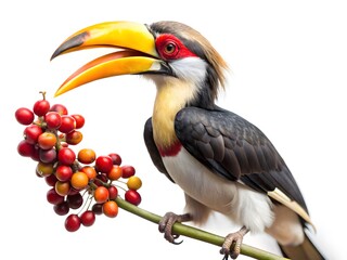 Fototapeta premium A Colorful Toucan Bird With A Large Yellow And Red Beak Perched On A Branch With Red Berries.