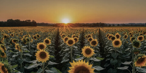 Obraz premium Sunflowers in Full Bloom at Sunset