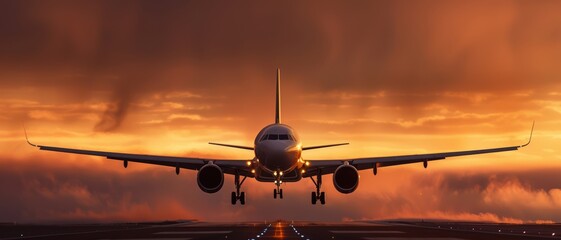 Commercial airplane landing at sunset, golden light, dramatic clouds, ample copy space,