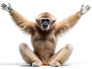 Fototapeta premium A Gibbon Sitting Cross-Legged With Its Arms Raised In The Air.