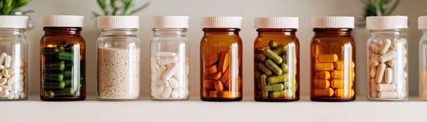 Assorted Pharmaceutical Bottles with Various Pills and Capsules on a Shelf
