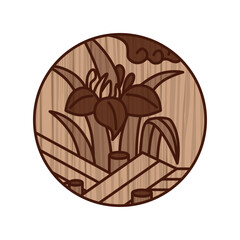 木彫り風円形シンプル花札　菖蒲　八橋　杜若　皐月　5月　菖蒲に八橋