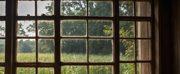 A serene field seen through a window, with lush green grass and a clear blue sky in the background.