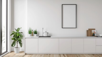 Modern Minimalist Kitchen Interior with White Cabinets, Indoor Plants, and Large Window