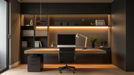 Fototapeta premium Functional home office with computer desk, bookshelves, and task lighting