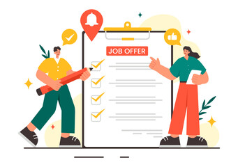 Job Offer Vector Illustration featuring a Businessman, Recruitment Search, Career Start, and Company Vacancy in a Flat Style Cartoon Background
