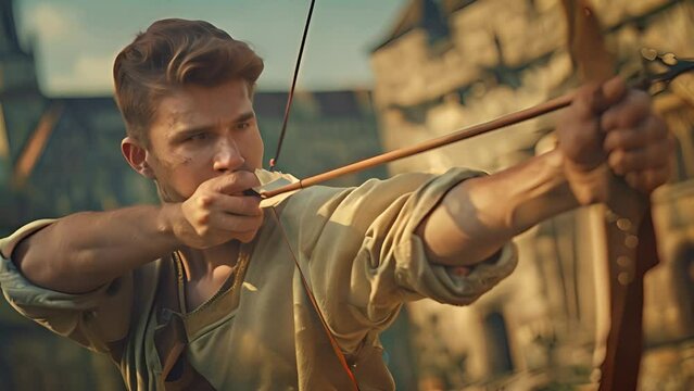 Focused Archer Aiming Arrow Outdoors with Ai generated.
