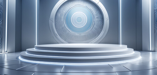 Obraz premium Podium background 3D light tech stage future platform game abstract. Podium 3D background technology room product circle glow effect portal stand studio scene white design ring modern display space. 