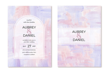 wedding invitation with soft purple peach painting background