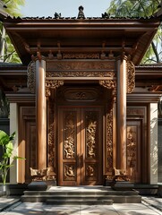 Naklejka premium Artisanal Mastery: Ornate Carvings on Wooden Entrance Door