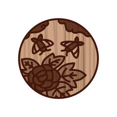 木彫り風円形ミニ花札　水無月　牡丹　蝶　6月　牡丹に蝶