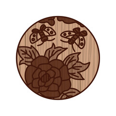 木彫り風円形シンプル花札　水無月　牡丹　蝶　6月　牡丹に蝶