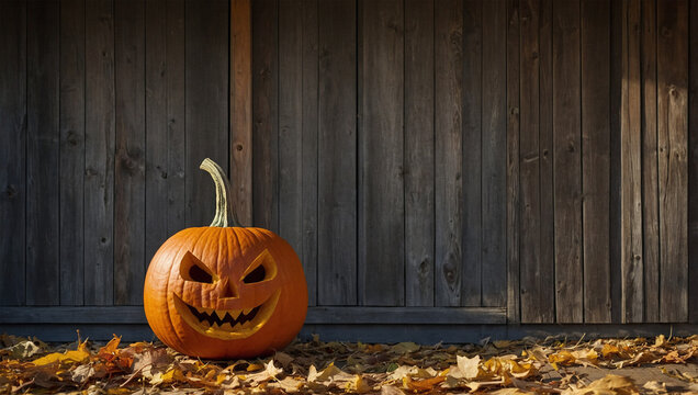 Imange pumpkin with carved eyes and mouth in front of the house door 2