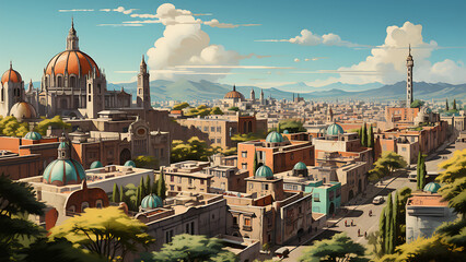 Fototapeta premium Mexico City - Mexico, Central America, City, Cartoon, Poster Style