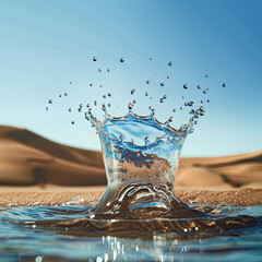Desert oasis splash, droplets in air, sand dunes, blue sky, harsh light, sharp shadows, high contrast.