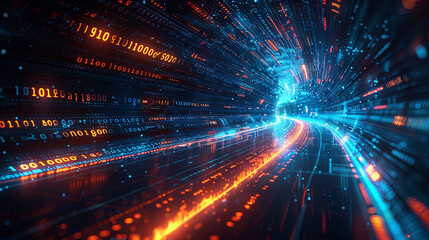 Obraz premium Digital Technology Background with Blue and Orange Lights, Glowing Data Lines, Futuristic Design for Tech Concept Banners and Digital Future World Showcasing Data Transfer and Internet Concepts