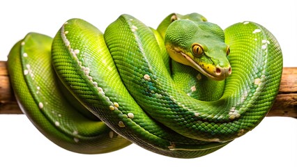 Fototapeta premium A Green Tree Python Curled Up On A Branch, Isolated On A White Background.