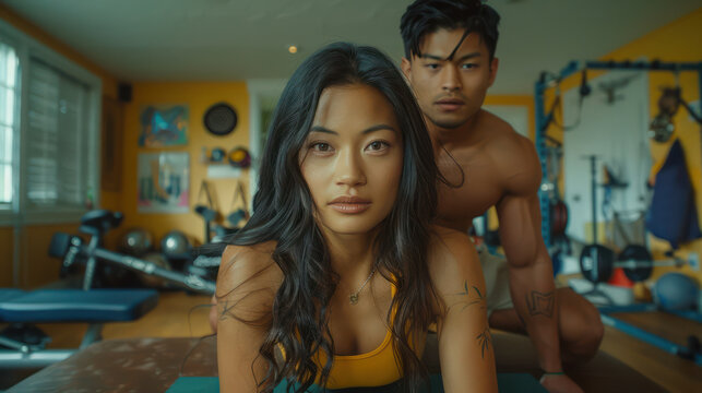 Fit and Focused A Dynamic Duo Engaging in an Intense Workout Session at a Home Gym with Various Exercise Equipment for Strength Training and Cardio Fitness - Powered by Adobe