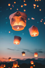 Paper lanterns floating up into the twilight sky, representing wishes, dreams, and creative aspirations