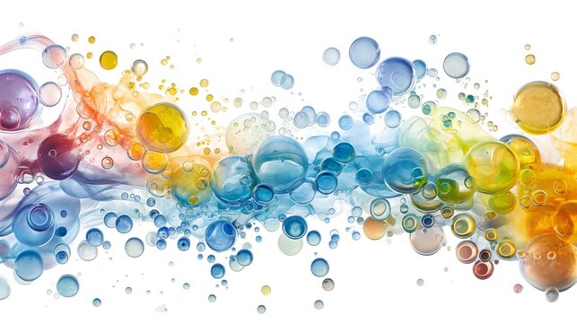 4. Produce an artistic representation of oil bubbles on water, showcasing a spectrum of colors and intricate patterns. Craft a harmonious white background image that conveys the fluidity and beauty